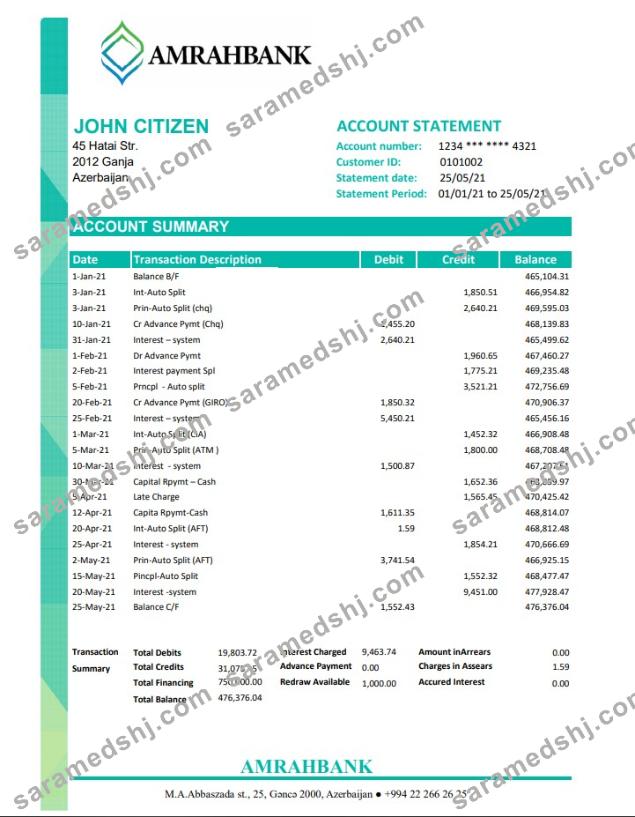 Azerbaijan Amrahbank bank statement easy to fill template in Excel and PDF format